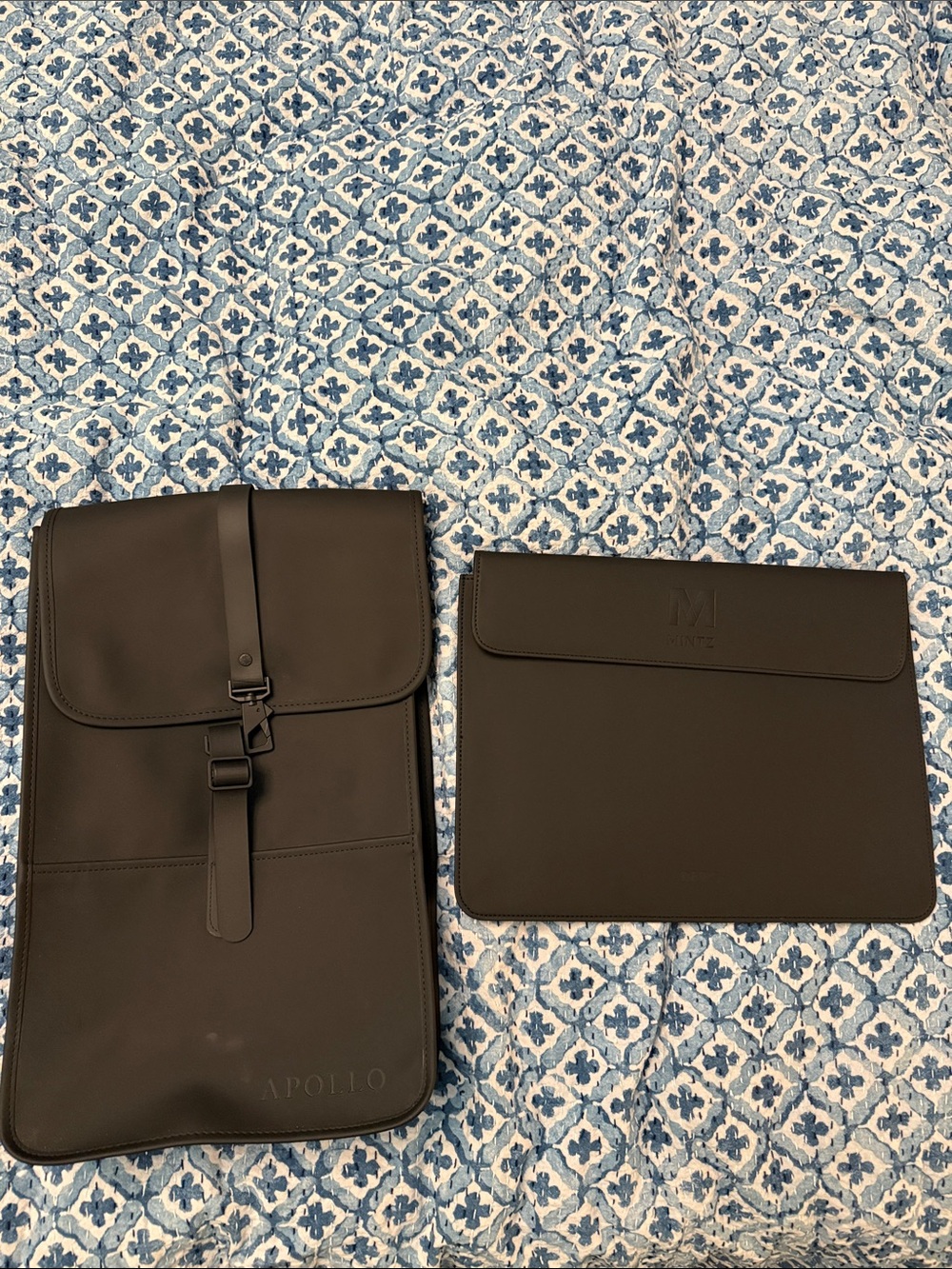 RAINS Men's Black Leather Backpack and Laptop Sleeve Set